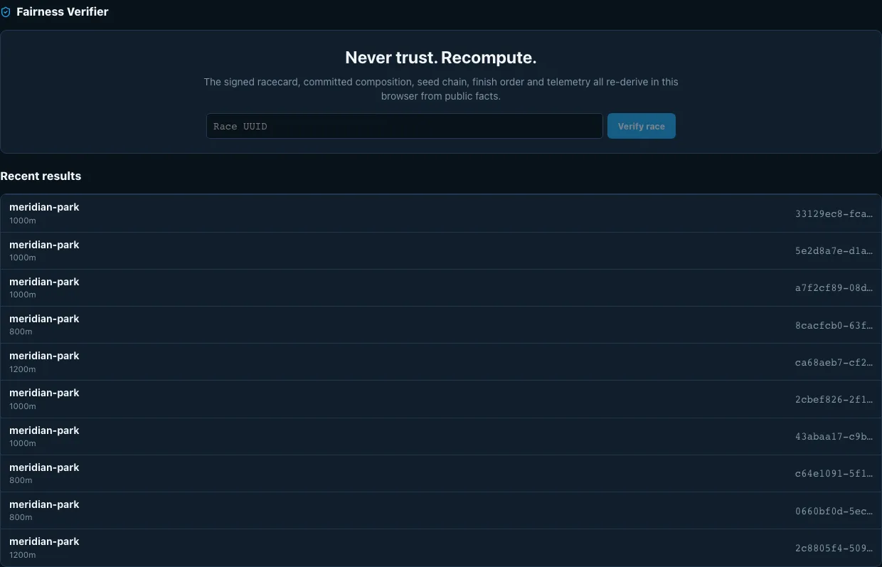 Tilt Racing browser fairness verifier showing a verified race